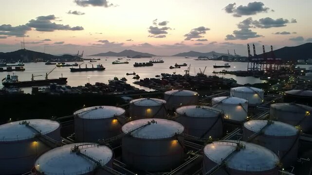 Industrial LNG Liquefied Natural Gas An aerial view of a large LNG terminal at dusk