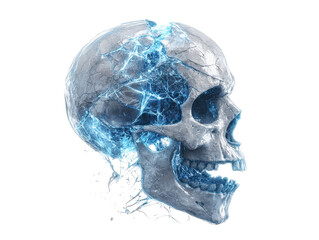 A fractured stone skull shattering with glowing blue electrical energy from within.