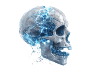 A fractured stone skull shattering with glowing blue electrical energy from within.