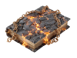 Ancient magical book with a cracked lava cover glowing with fire and bound by golden chains.