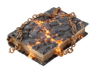 Ancient magical book with a cracked lava cover glowing with fire and bound by golden chains.