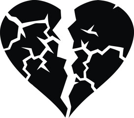Broken heart silhouette with a distinct crack in the middle isolated on white background isolated on transparent background