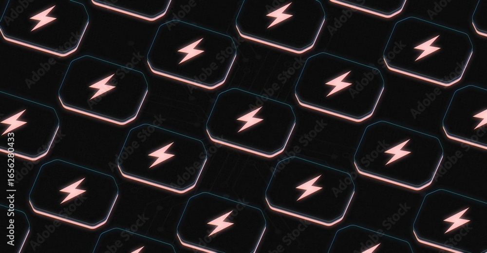 Poster an artistic composition featuring a repeating pattern of illuminated battery icons against a dark ba