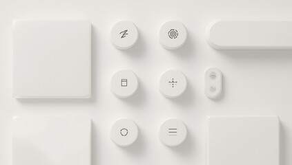 Minimalist arrangement of white geometric shapes and abstract symbols on a white background