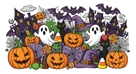Spooky Halloween Illustration Featuring Pumpkins, Ghosts, Bats, and Haunted Houses for Festive Decorations and Holiday-Themed Designs