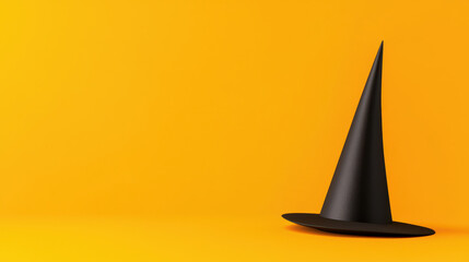 Fototapeta premium Black witch hat rests on vibrant orange background, creating playful and whimsical atmosphere perfect for Halloween celebrations