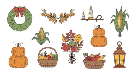 Festive Autumn Harvest Decoration Elements Collection, Ideal for Thanksgiving Designs, Seasonal Greetings, and Fall-Themed Projects to Enhance Visual Appeal and Celebrate the Season