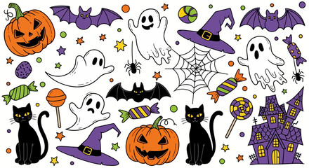 Spooky Halloween Vector Illustration Featuring Pumpkins, Ghosts, Bats, and Black Cats, Perfect for Festive Decorations, Party Invitations, and Seasonal Graphic Designs