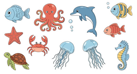 Cute Cartoon Sea Animals Set for Children's Illustrations, Educational Materials, and Creative Designs Related to Marine Life and Ocean Conservation