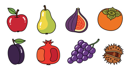 Colorful Fruit Vector Illustration Set Featuring Apple, Pear, Fig, Persimmon, Plum, Pomegranate, Grapes, and Chestnut, Ideal for Nutrition Education and Healthy Eating Campaigns