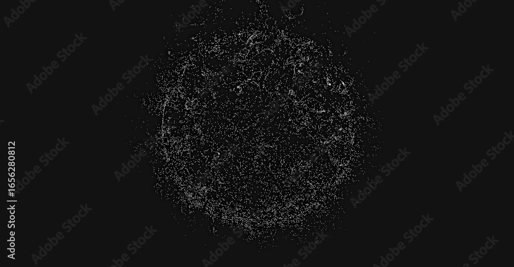 Poster an abstract, intricate design of connected dots and lines forming a sphere against a dark background
