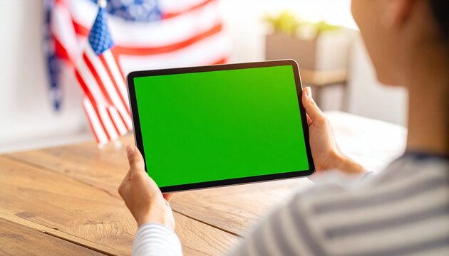 Rear view of a person holding a tablet with a green screen, ready for digital content, on a wooden table with a blurred American flag.