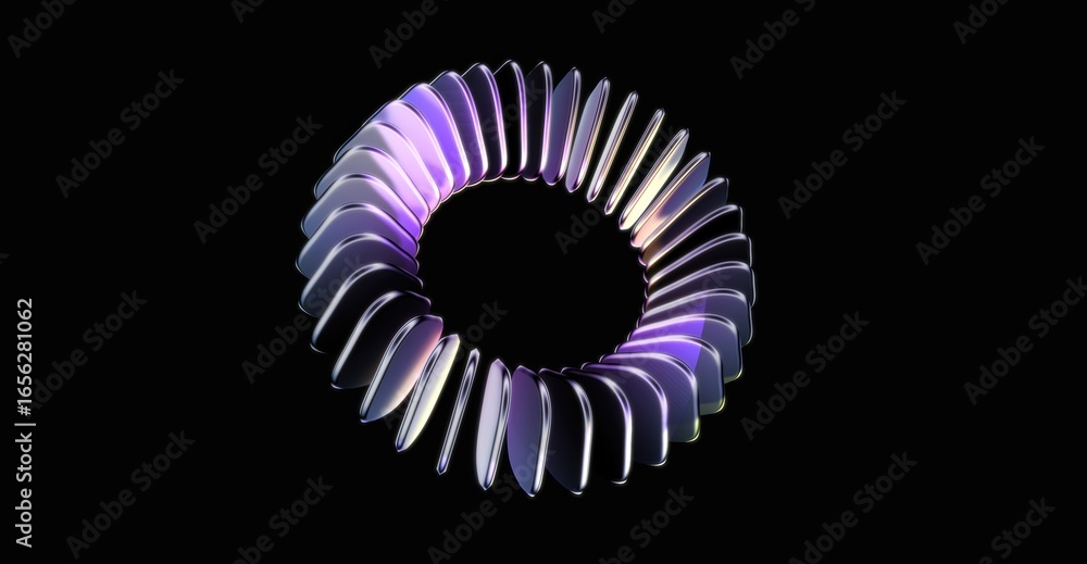 Poster a mesmerizing abstract design with a ring of metallic and light effects in a black background.
