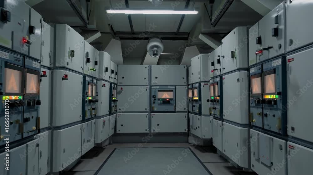 Poster a symmetrical view of a cyclotron control room with rows of equipment and soft ambient lighting, cap