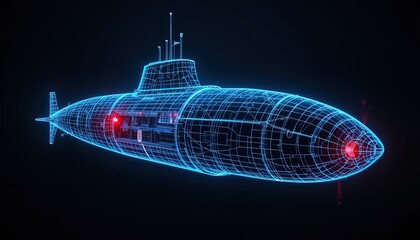 A futuristic submarine design is displayed in a vibrant neon blue and red wireframe, highlighting its complex internal structure.