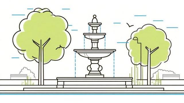 Illustrated park scene with a fountain, trees, benches, and bird in simple lines