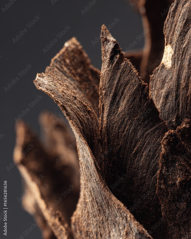 Poster close-up of textured brown tree bark with unique patterns and sharp edges showcasing nature's intric