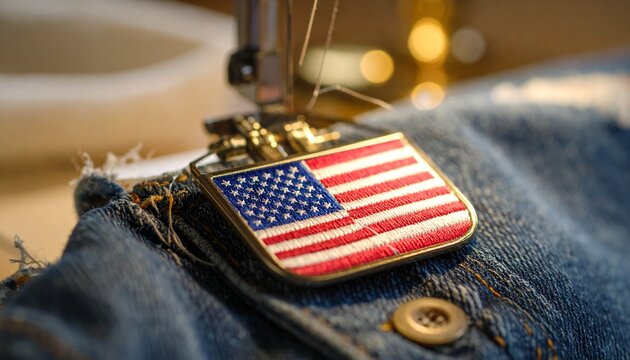 Close-up of a sewing machine stitching an embroidered American flag patch onto blue denim fabric.