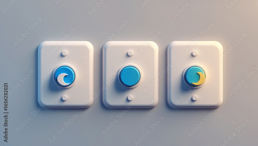 Poster three white light switches with colorful abstract buttons on a gray background