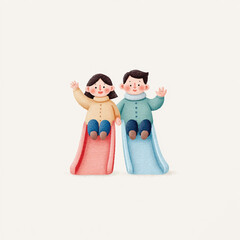 Watercolor Illustration of Smiling Children Sliding Down Colorful Slides Waving