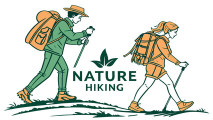 Nature hiking concept with couple walking outdoors with backpacks illustration
