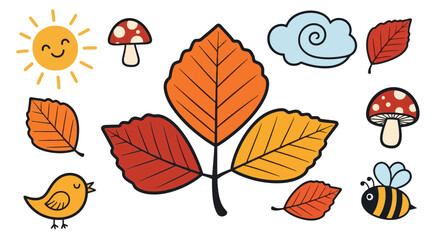 Cheerful Autumnal Vector Illustration Featuring Leaves, Mushrooms, Sun, and Bee. Perfect for Seasonal Designs, Educational Materials, and Children's Illustrations.
