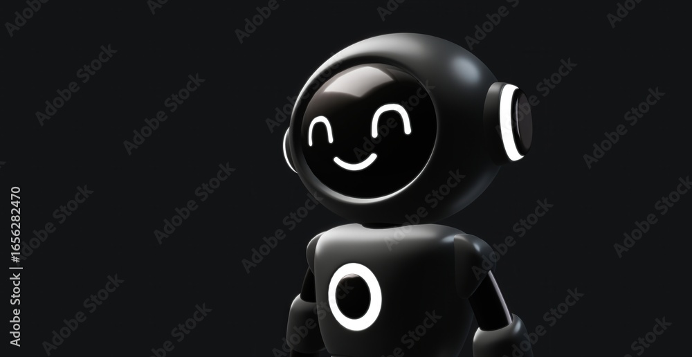 Poster a futuristic and friendly robot with a smiling face. its sleek design and welcoming expression.