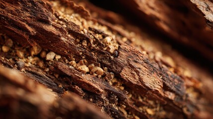 Close-Up of Textured Wood Surface with Grain, Soil Particles, and Natural Elements in Earthy Tones and Rich Details