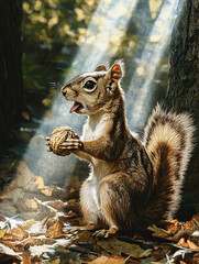 Hyperrealistic close-up of a squirrel hauling a walnut many times its size, 