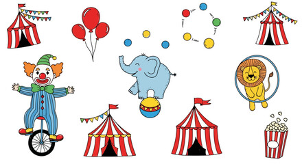 Obraz premium Whimsical Circus Clipart Collection Featuring Cartoon Animals, Tents, and Festive Elements for Children's Party Invitations and Event Decorations.