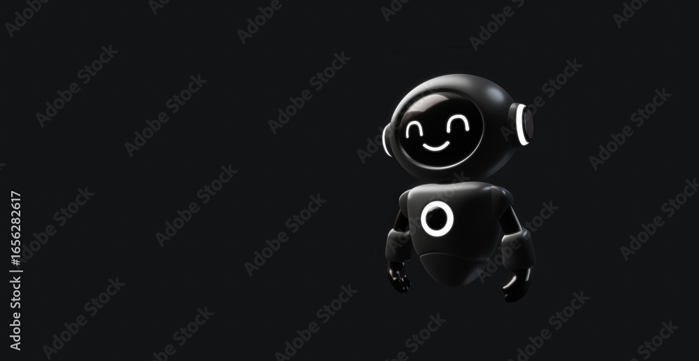 Poster a friendly robot character smiling against a dark backdrop.