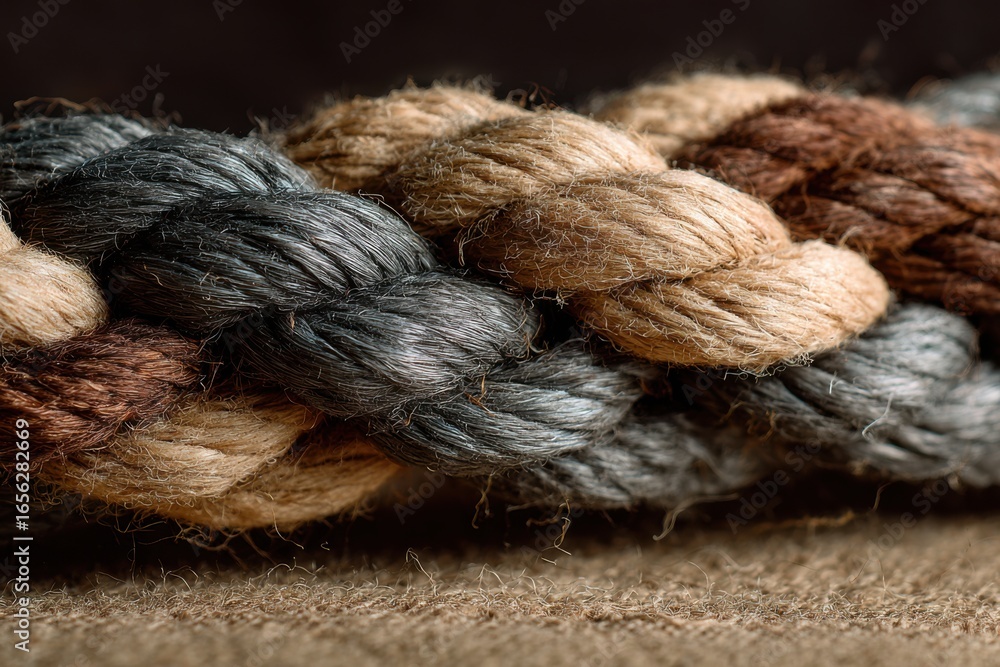 Poster close-up of various textured natural fiber ropes in interwoven design on soft background for crafts 