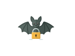 A cute gray cartoon bat with spread wings holding a yellow security padlock a flat vector illustration.