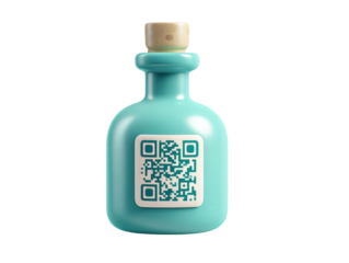Stylized matte teal bottle with a cork stopper and a prominent QR code label.