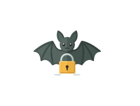 A cute gray cartoon bat with spread wings holding a yellow security padlock a flat vector illustration.