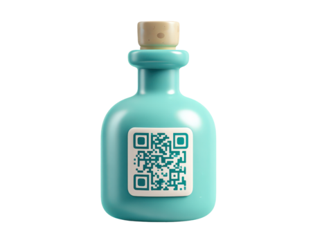Stylized matte teal bottle with a cork stopper and a prominent QR code label.
