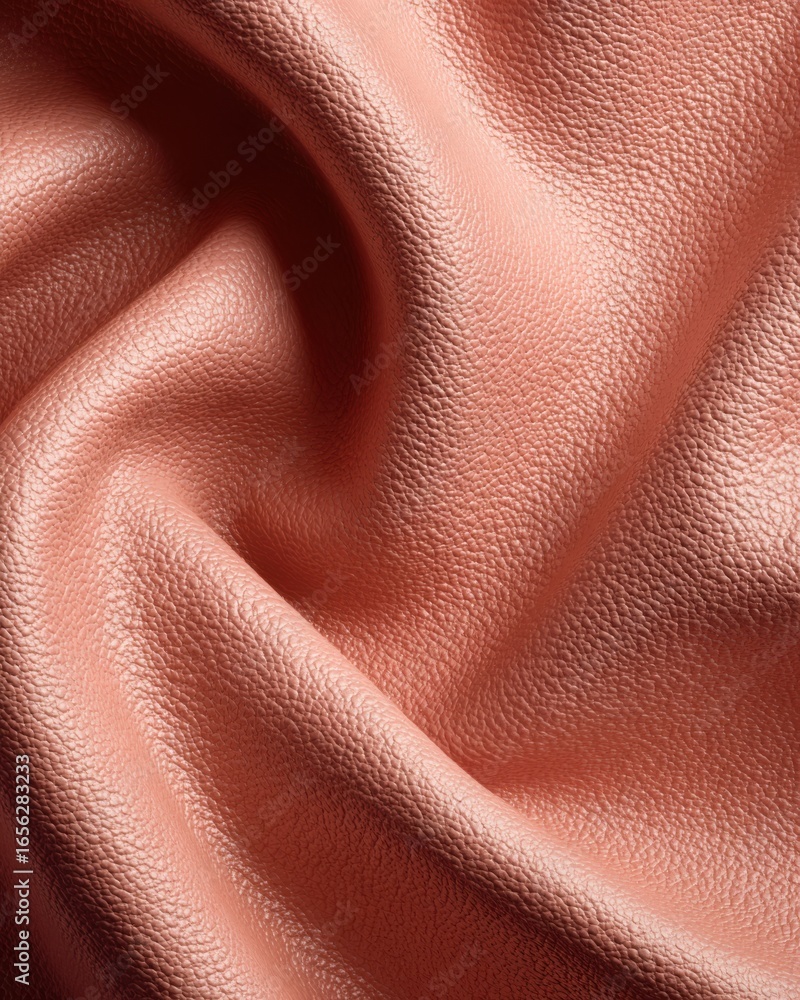 Poster close-up of wavy textured pink leather fabric with detailed surface pattern and soft draping appeara