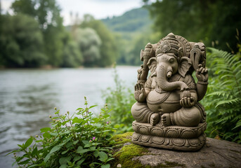 Obraz premium A stone-like idol of Lord Ganesha placed on a mossy rock near a serene river, symbolizing a peaceful spiritual connection with nature.