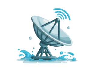 Illustrated satellite dish antenna transmitting a blue signal standing in splashing water.