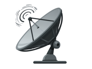 Stylized grey parabolic satellite dish antenna transmitting radio wave signals.
