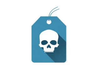 A blue product tag with a white skull icon in a flat design style with a long shadow.