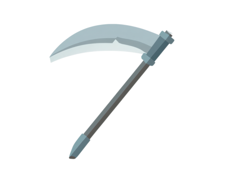 Stylized fantasy scythe with a sharp curved metallic blade and a long grey handle.