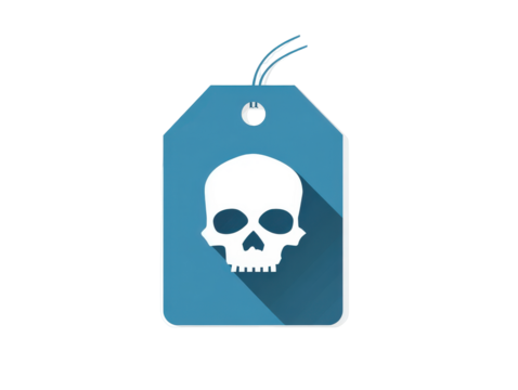 A blue product tag with a white skull icon in a flat design style with a long shadow.