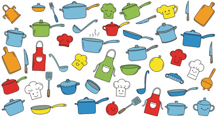 Playful Culinary Pattern Featuring Whimsical Kitchen Utensils and Chef Accessories for Children's Educational Materials and Food-Themed Designs