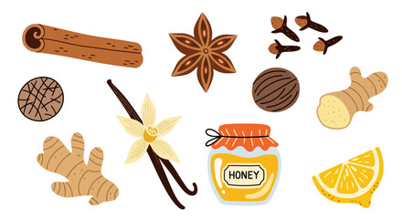 Aromatic Spice Collection Featuring Cinnamon, Star Anise, Vanilla and Honey. Perfect for Recipe Illustrations, Culinary Design, or Promoting Natural Remedies.