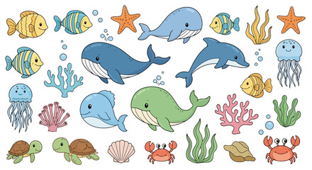Naklejka premium Adorable Undersea Creatures Collection for Children's Illustrations, Educational Materials, and Marine-Themed Decorations, Appealing to a Young Audience