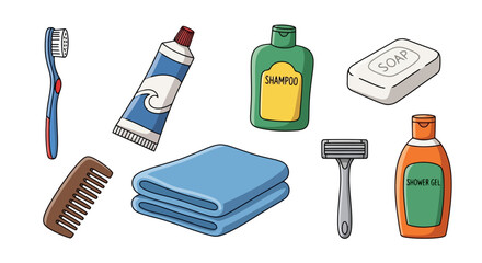 Essential Bathroom Toiletries Still Life Illustration for Personal Hygiene, Daily Routine, and Bathroom Organization Projects.