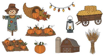 Rustic Autumn Harvest Collection Featuring Scarecrow, Pumpkins, and Barn for Seasonal Decor and Thanksgiving Illustrations © Moe