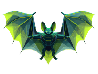 A stylized geometric bat with glowing green eyes and wide-spread faceted wings in a futuristic low-poly style.