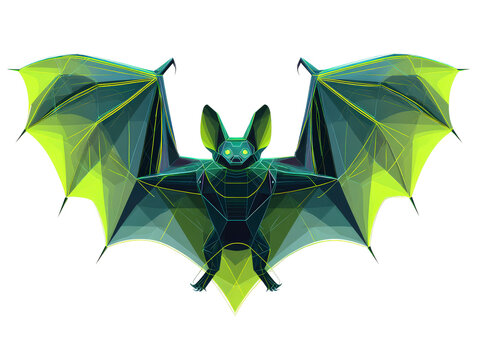A stylized geometric bat with glowing green eyes and wide-spread faceted wings in a futuristic low-poly style.